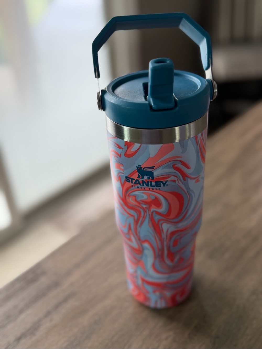 Stanley Teal-Top Travel Tumbler with Red and Light Blue Swirl